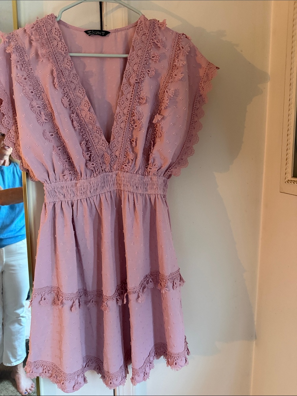 Simplee Apparel Pink Lace Trim Midi Dress